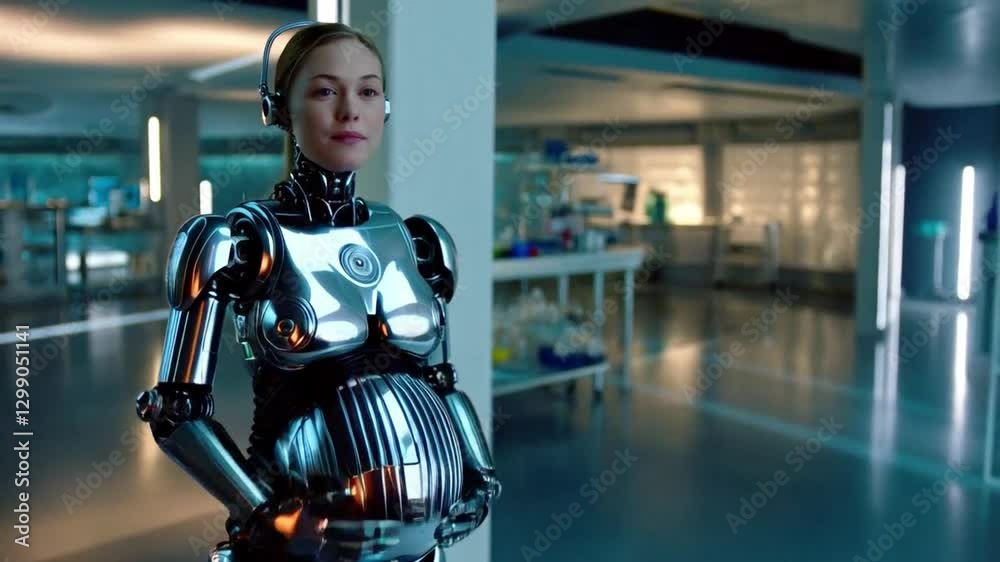 Poster In a futuristic lab focused on bioengineering, a robot designed as a surrogate exhibits a visible pregnancy.