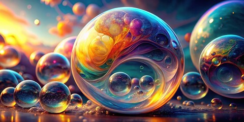 A mesmerizing cluster of iridescent spheres, each reflecting vibrant internal cosmos and external light, creating a surreal and dreamlike spectacle.