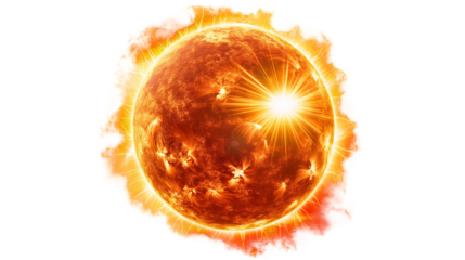 Sun - Detailed View of Solar Surface with Fiery Plasma and Solar Flares isolated on white and transparent background