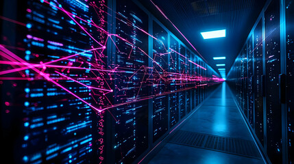 Illuminated Server Racks With Glowing Network Lines In Dark Data Center Environment