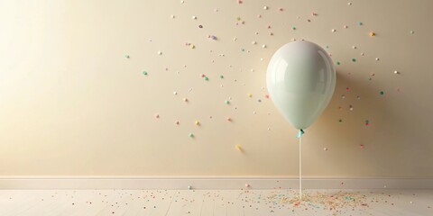 A pastel balloon floats in a room with scattered confetti on the walls and floor, celebrating a joyous occasion