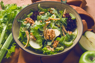Fresh, Waldorf salad, celery stalk with chicken, apple and walnut, grapes, herbs, homemade, no people,