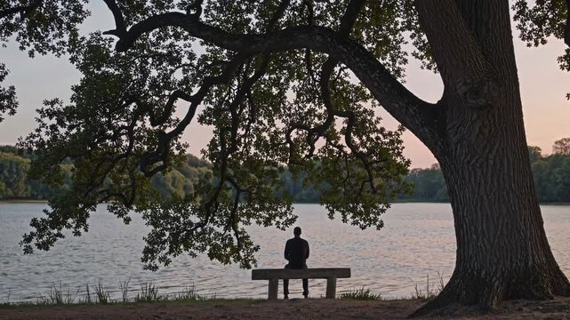 Silhouette of a person sitting on a bench under a large tree by a lake. Wide-angle shot captures serene, contemplative mood, like a scene from a calming video.