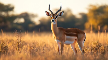 Graceful Impala Aepyceros Melampus Standing in Natural Savuti Field Landscape for Wildlife Safari Concepts