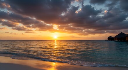 Tropical Sunset: Overwater Bungalows and Golden Hues