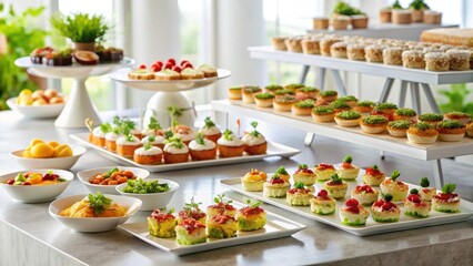 A delightful array of miniature savory and sweet pastries, meticulously arranged on elegant platters, creates a visually stunning and appetizing buffet spread for a sophisticated gathering