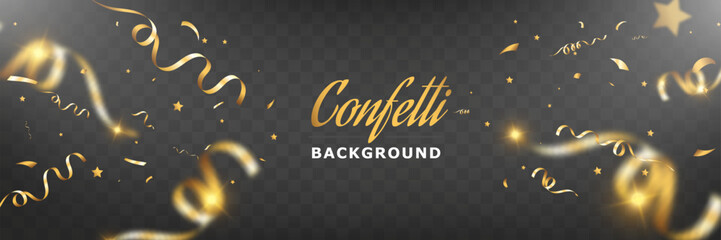 Golden confetti and ribbons on dark background, festive celebration backdrop, luxury party decoration, sparkling gold stars, elegant event design.