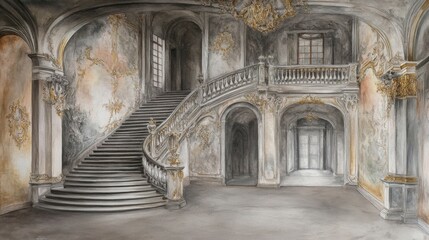 Grand Staircase In A Historic Mansion With Weathered Stonework And Ornate Details With Elegant Interior Design Elements And Architectural Details That Exhibit An Aged Ornate Style.  Aged Stonework