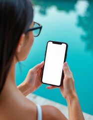 Mock up image of woman hand holding and using mobile smart phone with blank white scree in shopping mall center blur backgroundmobile applicationmobile bankingonline shopping concept clipping path iPh
