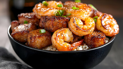 Fototapeta premium Grilled shrimp and crispy pork belly bites served over rice in a black bowl on a dining table.