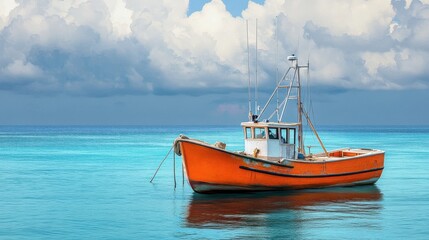 Fototapeta premium Orange Fishing Boat on Turquoise Ocean