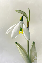 Obraz premium A delicate, intricate illustration of a snowdrop flower, its white petals gently curved and tapered, with yellow-green stamens and a slender stem