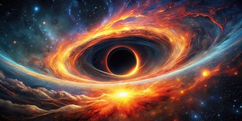 Obraz premium A Fiery Cosmic Dance Nebulae Swirl Around a Black Hole's Gravity, a Celestial Ballet of Light and Darkness