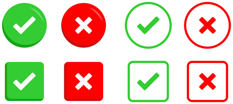 Checkmark and cross icon vector set collection. Check, tick, and x mark sign symbol