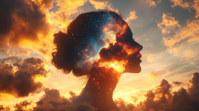 Woman's cosmic mind, sunset sky, inner peace, meditation