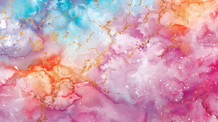 Fototapeta premium Dreamy watercolor background with vibrant pink, orange, and blue hues. Abstract fluid texture with delicate gold veins, perfect for luxury design, modern art, and digital creative projects. 