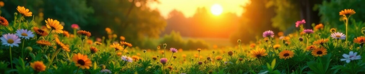 Lush greenery and flowers against a backdrop of fading sunset light, garden, plants, landscape