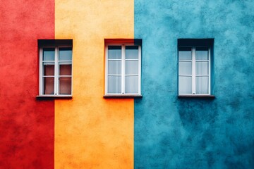 Colorful wall with three windows creating vibrant urban art. Generative AI