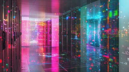 of a server room with a digital overlay of mobile device management data and network connections.