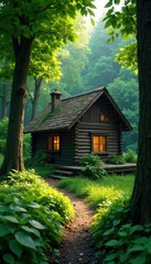 Lush greenery surrounds a cozy wooden cottage, woods, greenery