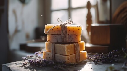 Organic Handmade Soaps Stacked with Twine and Dried Lavender Decor