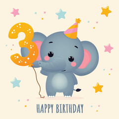 Happy Birthday postcard with cute elephant and number three flat vector illustration