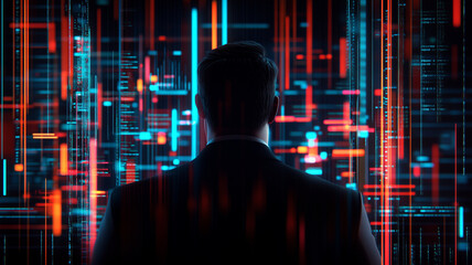 man in suit stands in front of digital data visualization, surrounded by vibrant blue and red lights, symbolizing technology and innovation