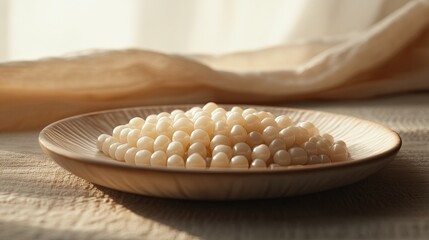 A glowing bag of tapioca pearls styled on a light-colored ceramic plate. pic