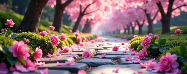 Pink sakura flowers scattered on a soft gray stone path, path, nature, pink sakura