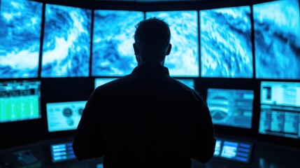 Monitoring storm patterns meteorological analysis control room visual data remote environment technical viewpoint