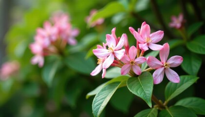 Obraz premium Pink variegated Trachelospermum asiaticum blooms on trellis, flower, jasmine, garden