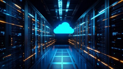 Obraz premium Modern data center with glowing cloud symbol and illuminated server racks at night