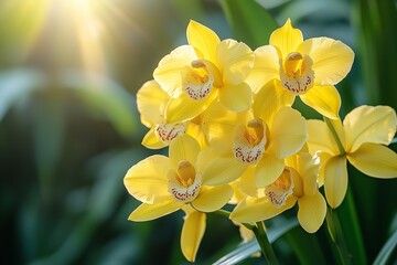 Obraz premium A group of vivid yellow orchids blossoming in a botanical garden on a serene noon day, lit by filtered sunlight. Generative Ai
