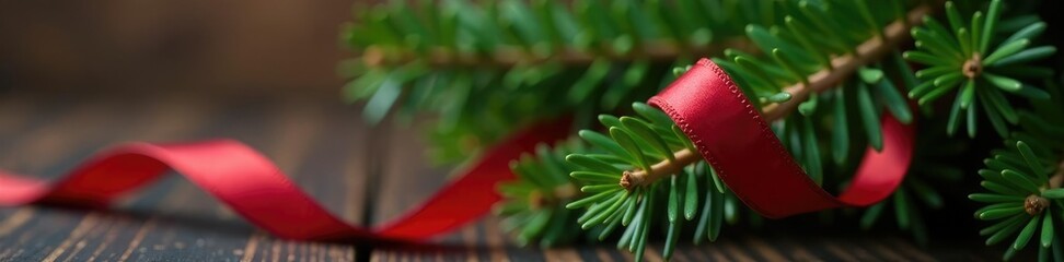 Single crimson ribbon wrapped around a small evergreen branch, evergreen, holiday