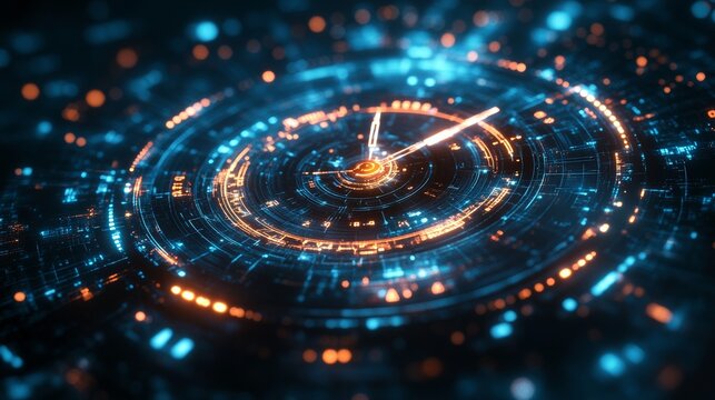 Digital clock design showcasing an intricate network of lights, circuits, and time indicators set against a dark background