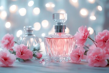 Luxury perfume bottles and pink flowers on a table with a blurred background of lights. Beauty product concept. Stock photo contest winner, HD, high resolution, 30mm lens, f/2.5, ISO 489, soft light, 