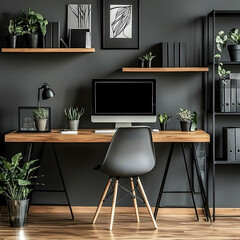 Modern home office workspace with plants, computer, and minimalist decor. Ideal for productivity, work-from-home, or design blogs
