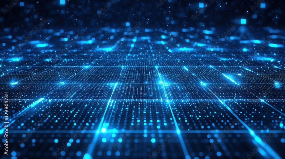 Poster high-tech background with a seamless grid of bright and dark blue squares creating a futuristic digi