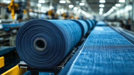 Obraz premium Rolls of denim fabric on display in a textile manufacturing facility during daytime operations