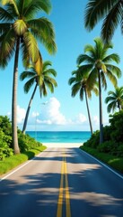 Palm-lined road curves gently towards a calm ocean horizon , scenic, landscape