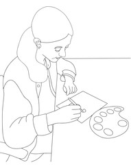 Young woman painting with a brush. Artist's work process concept.