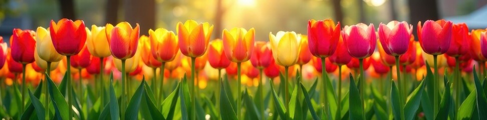 Vibrant spring tulips in neat row, colorful blooms , floral, red, spring