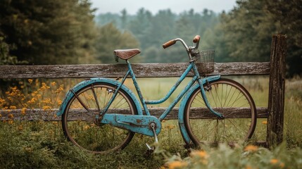 Fototapeta premium Vintage blue bicycle resting near a wooden fence surrounded by wildflowers in a tranquil meadow