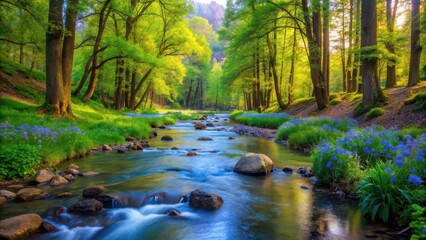 Obraz premium Serene River Flowing Through a Lush Green Forest Canopy, Adorned with Vibrant Blue Flowers Along its Banks