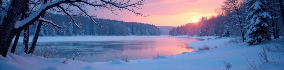 Fototapeta premium Snowy woods at dusk with a snowdrift against a frozen lake, branch, snowy, winter