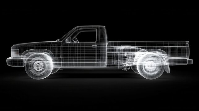 Line art illustration of a truck car displayed in a holographic wireframe style Elegant and visually appealing design