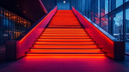 Brightly lit staircase in an urban setting showcases vibrant orange hues at dusk