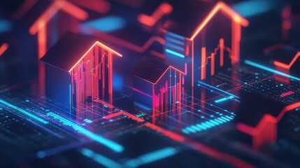 Dynamic visualization of real estate market trends, showcasing rising graphs and futuristic home icons, symbolizing growth.