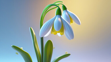 Obraz premium a highly detailed 3D render of a snowdrop flower with delicate white petals and a yellow center, set against a soft, gradient blue background that gradually transitions to a warm, creamy yellow