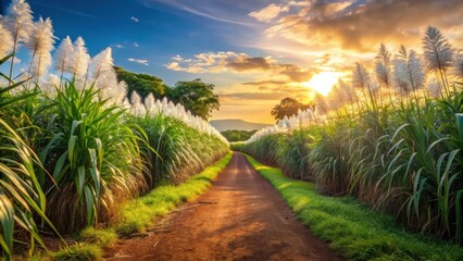 Obraz premium Golden Hour Pathway Through a Lush Sugarcane Field with Tall, Feathery White Flowers